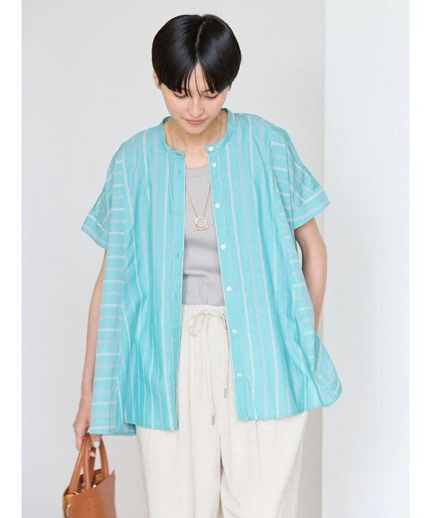 AMERICAN HOLIC 接触冷感フレンチスリーブ切り替えフレアブラウス Stripe Green