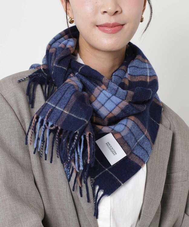 MOONBAT MACKINTOSH PHILOSOPHY(マッキントッシュ フィロソフィー）カシミヤ100％ クラシカルチェックマフラー ネイビーブルー