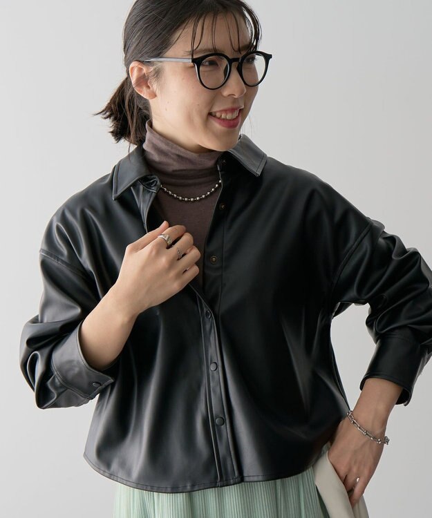 Green Parks ショート丈フェイクレザーシャツ Black