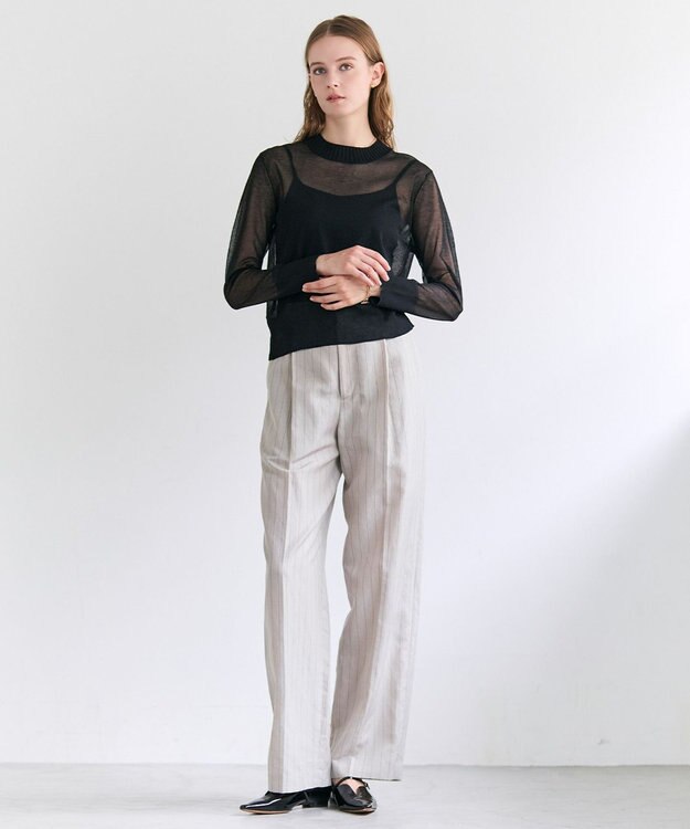 BEIGE， ERYTH / リネンストライプ タックワイドパンツ Flax × Bordeaux