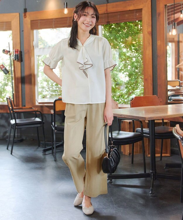 Tiaclasse 綿混リンクル加工ワイドパンツ ベージュ