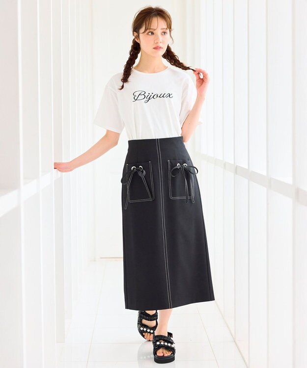 Feroux 【洗える】リボンポケット付きIライン スカート ブラック系