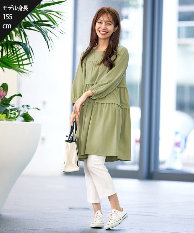 Tiaclasse L 【洗える】ティアードチュニックブラウス ライトカーキ