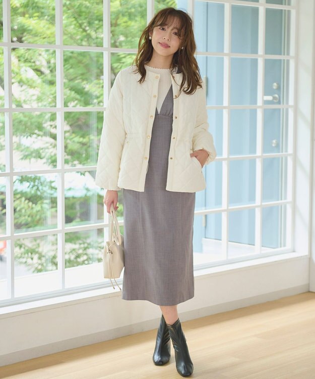 Feroux 【洗える】美シルエット ジャンパースカート ライトグレー系