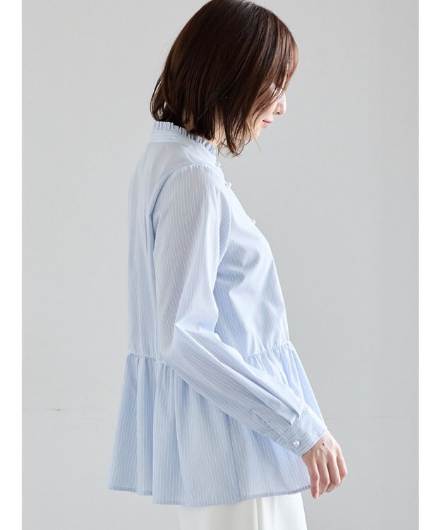 Te chichi パール釦スタンドフリルペプラムブラウス サックスブルー