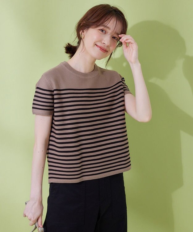 ANY クロップド丈ガーターニット モカベース×ブラックライン