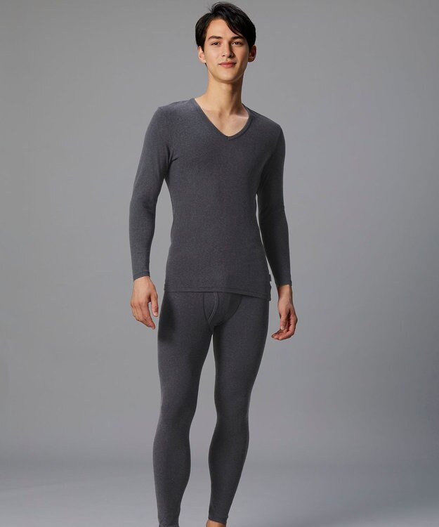 WACOAL MEN インナー メンズ 発熱インナー【エクス（R）】 吸湿発熱繊維 保温性 消臭性（汗臭・加齢臭） ストレッチ素材 深めVネック 8分袖 GL6221 /ブロス ブラック