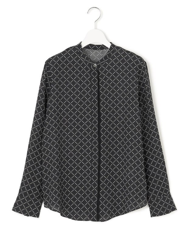 ICB L 【新色追加・WEB限定カラーあり・接触冷感・UVケア・速乾・洗える】BackSatinAmunzen バンドカラーブラウス ブラックベース×スクエアビット柄系