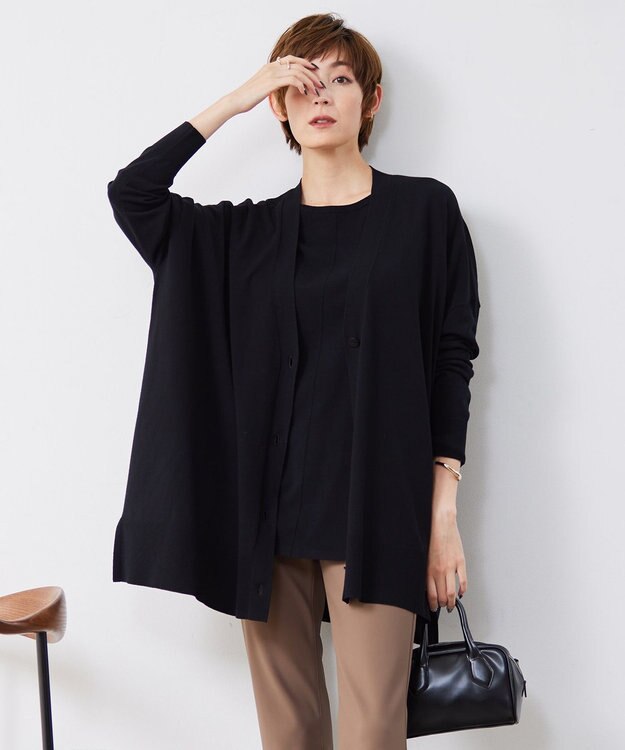 ICB 【洗える】ヴィスコースワイド Vネックカーディガン ブラック系