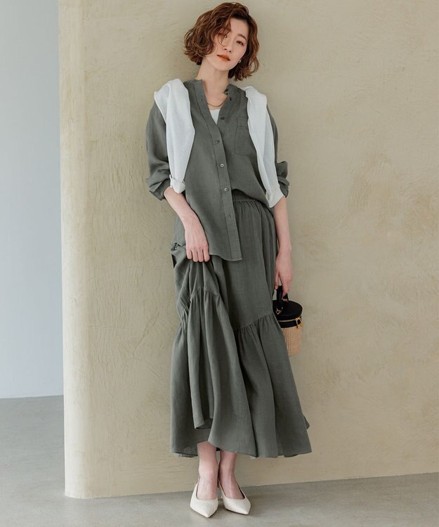 23区 S 【洗える】LIBECO バンドカラー シャツ カーキ