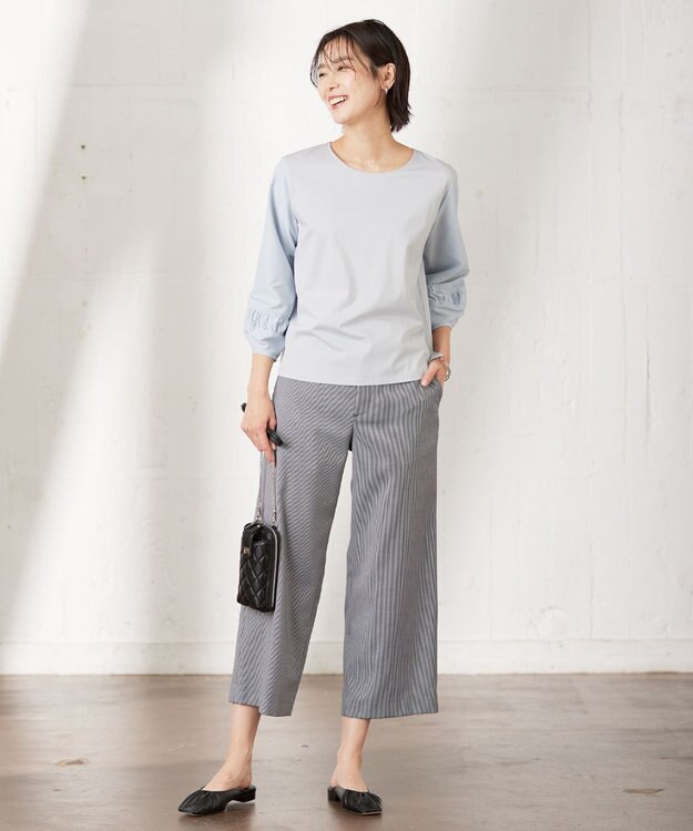 J.PRESS LADIES L コンビジャージー ギャザースリーブ カットソー サックスブルー系