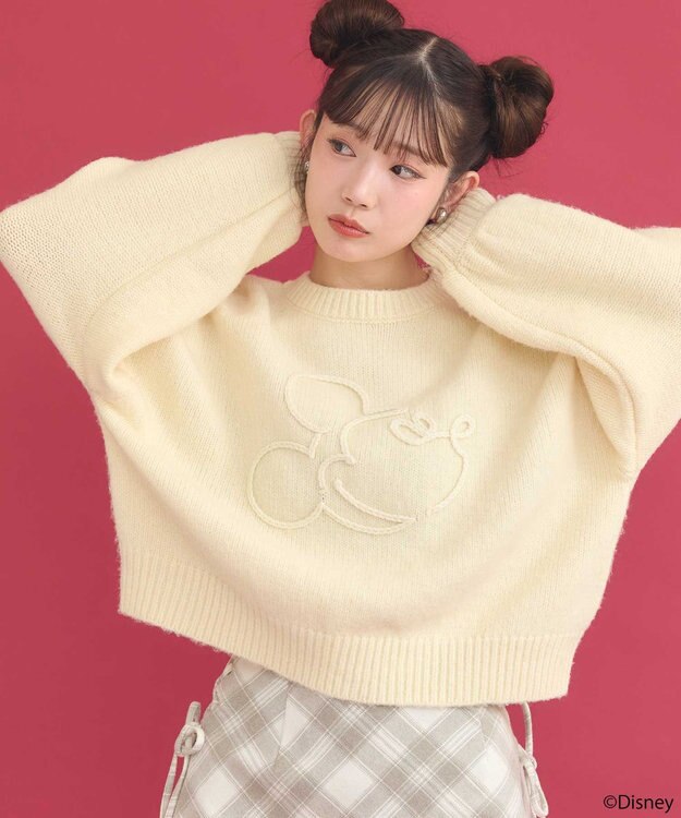 earth music&ecology Disney/ミッキーコード刺繍ニットプルオーバー アイボリー