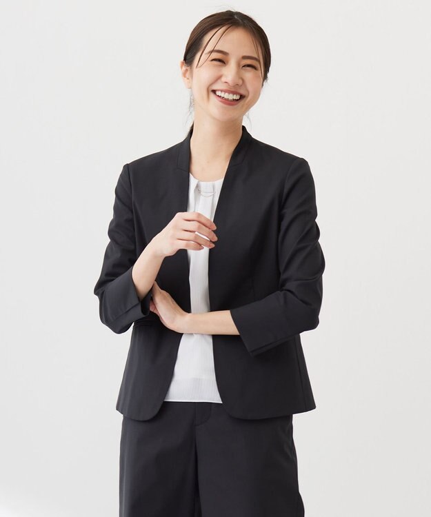 J.PRESS LADIES 【セットアップ対応・洗える・撥水・防汚】コットンFITTYシャーク ノーカラー ジャケット ブラック系