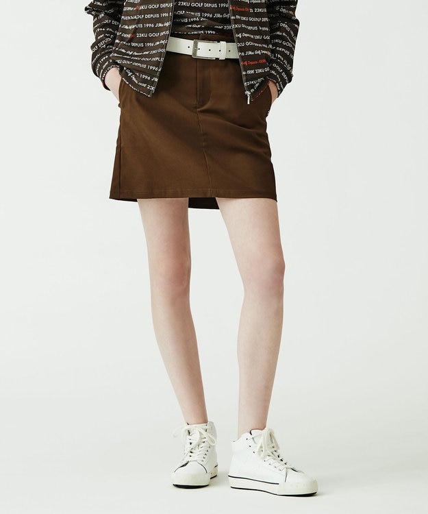 23区GOLF 秋色夏素材【WOMEN】【ストレッチ】シェルタリングオックス 台形スカート ダークブラウン系