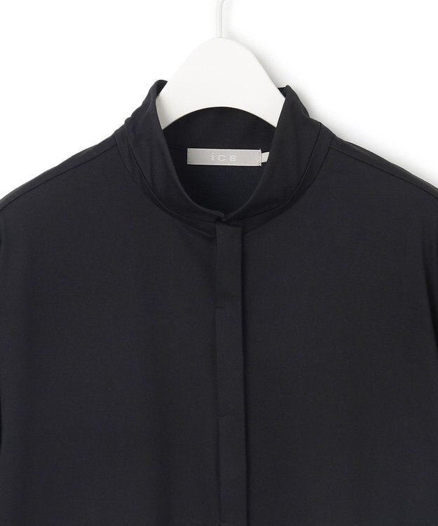 ICB L 【洗える】 ブラウスライクジャージー ロングシャツ ブラック系