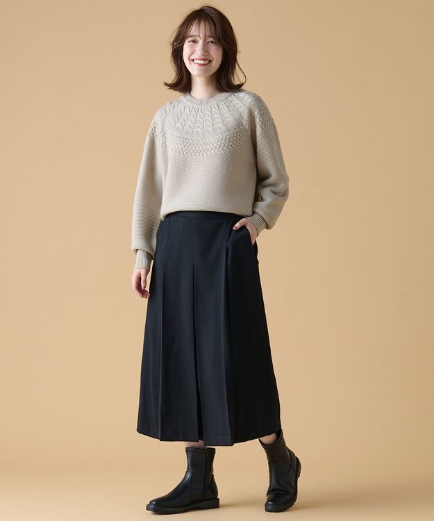 ANY 【洗濯機可能/ウエストゴム/ポケット付】ウーリッシュフラノボックスプリーツスカート ブラック