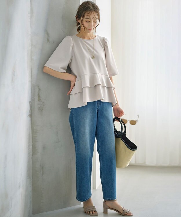 組曲 L 【接触冷感・吸湿・UVカット】ジョーゼットジャージーフリルブラウス ベージュ系