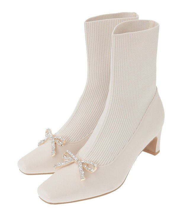 Maison de FLEUR リボンビジューニットブーツ Ivory