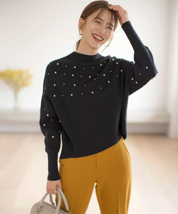 ANY SIS 【洗える】パール調ディテール ニット ブラック