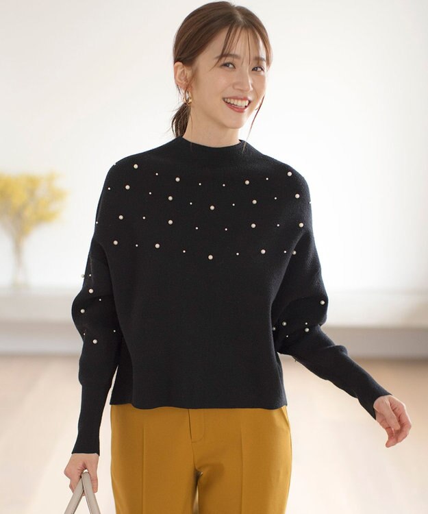 ANY SIS 【洗える】パール調ディテール ニット ブラック