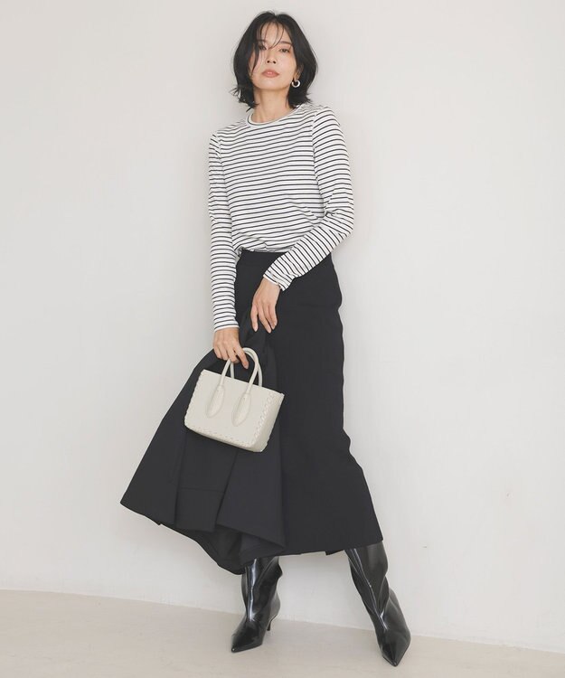 UNFILO コットンカシミヤ クルーネックカットソー エクリュ×ブラック