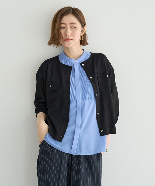 YECCA VECCA ノーカラー7分袖ポケットカーディガン Black
