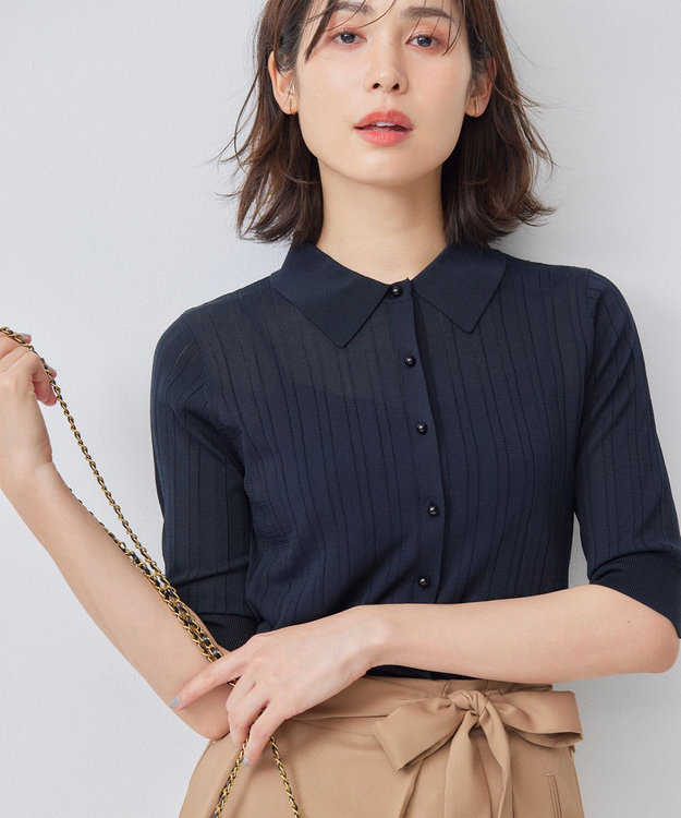 組曲 L 【WEB限定カラーあり】衿付きシアーニットポロ ブラック系