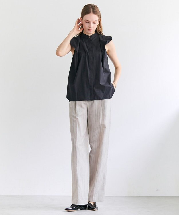 BEIGE， ERYTH / リネンストライプ タックワイドパンツ Flax × Bordeaux