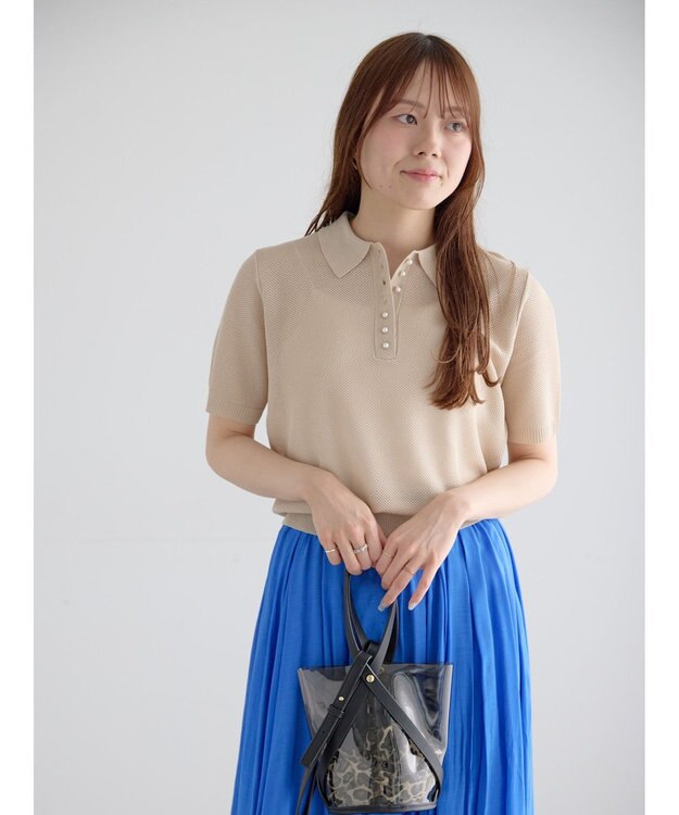 Te chichi 【マシンウォッシャブル】パール釦メッシュニットポロ ベージュ