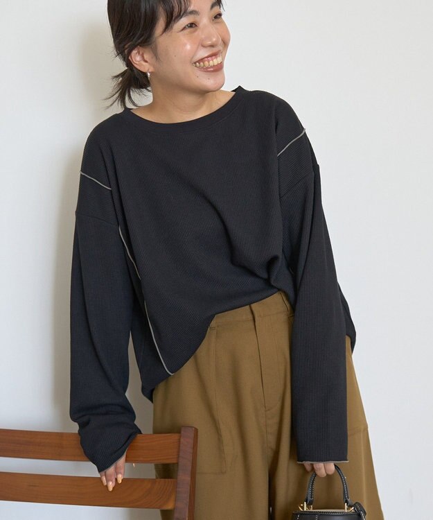 AMERICAN HOLIC ワッフル配色メロープルオーバー Black