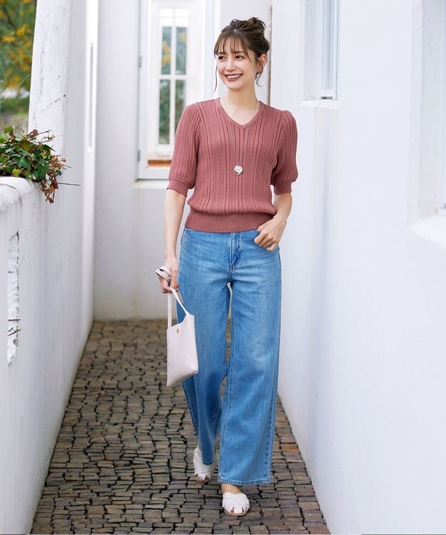 Tiaclasse L 【洗える】パフスリーブ透かし編みニットトップス ピンク