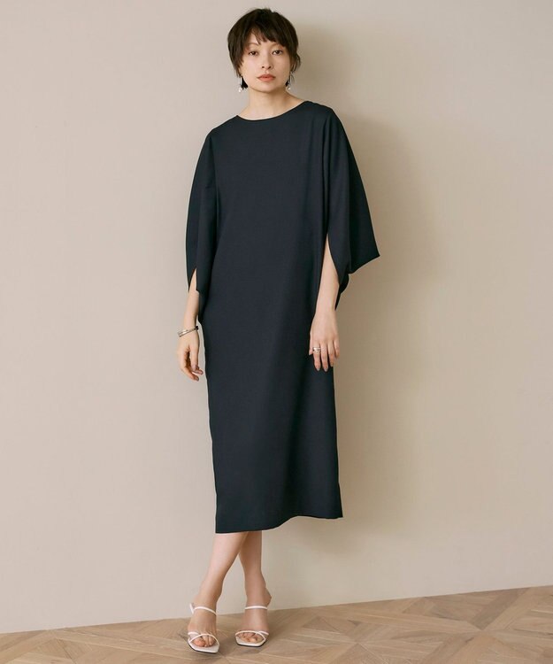 ICB L 【UVケア・接触冷感・速乾・防シワ・洗える】FluidBackSatinドルマンスリーブワンピース ネイビー系