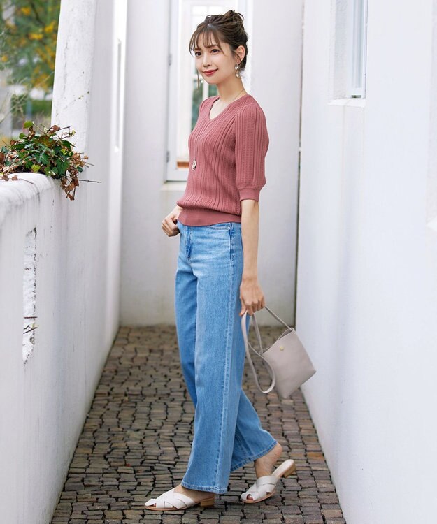 Tiaclasse L 【洗える】パフスリーブ透かし編みニットトップス ピンク