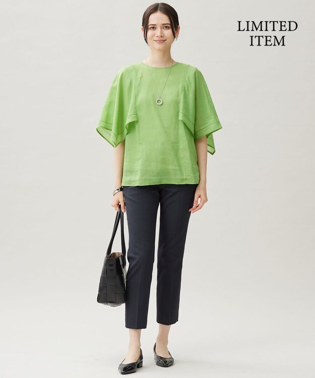 自由区 【WEB限定・接触冷感・洗える】シアーラミーローンイレギュラーヘムスリーブ ブラウス リーフグリーン