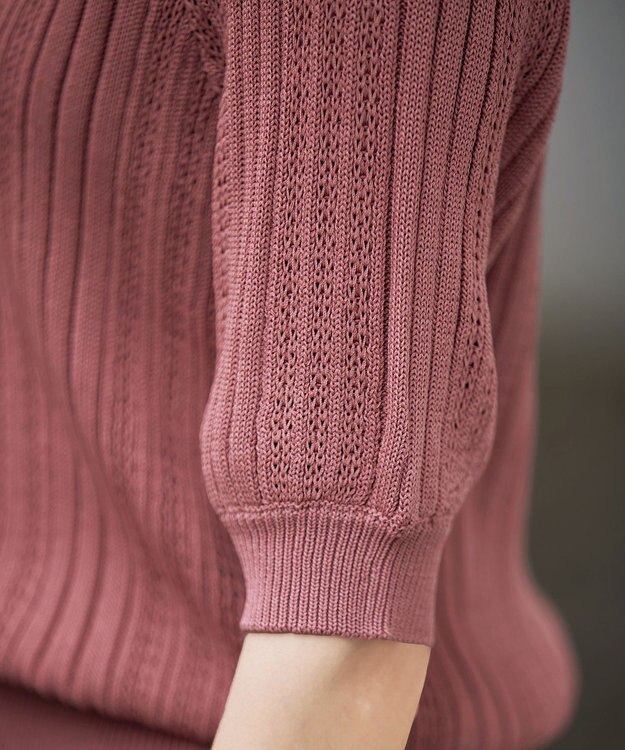 Tiaclasse L 【洗える】パフスリーブ透かし編みニットトップス ピンク