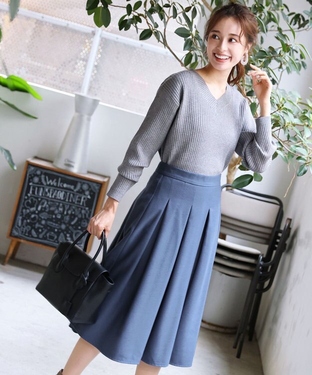 Tiaclasse 大人上品なウール調タックフレアスカート ブルー