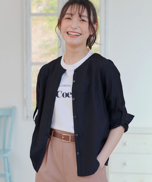 Tiaclasse L 【洗える】ノーカラーシアーシャツ ネイビー