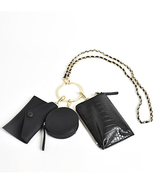 LA BAGAGERIE 【MONICA】カードケースポーチ3連マルチチェーンショルダーバッグ ブラック