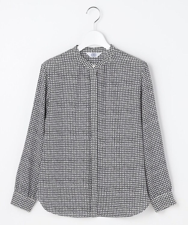 J.PRESS LADIES L ジーナ梨地 幾何プリント ブラウス ホワイト×ネイビー系