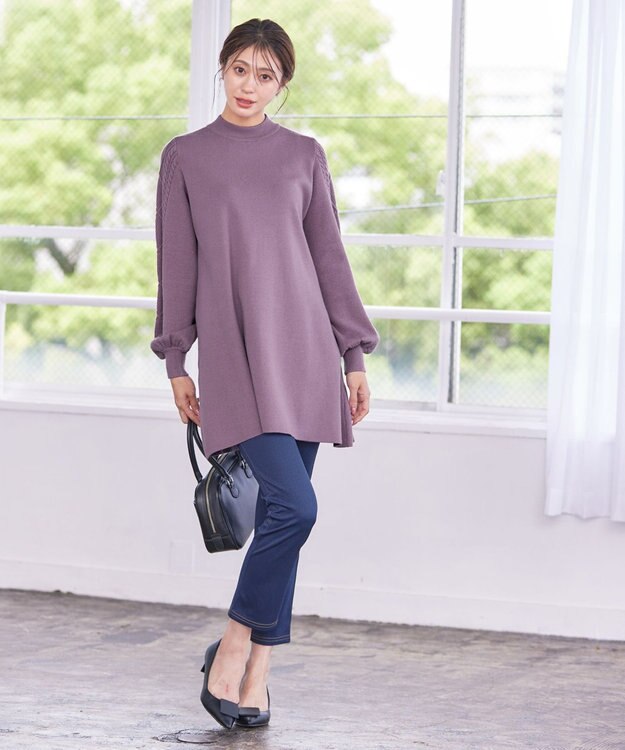 Tiaclasse 【洗える】袖ケーブルニットチュニック ラベンダー