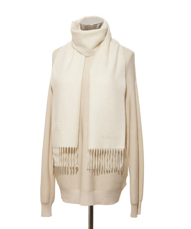 MOONBAT FURLA(フルラ）カシミヤ100％ 無地 マフラー ロゴ刺繍 手洗いOK オフホワイト