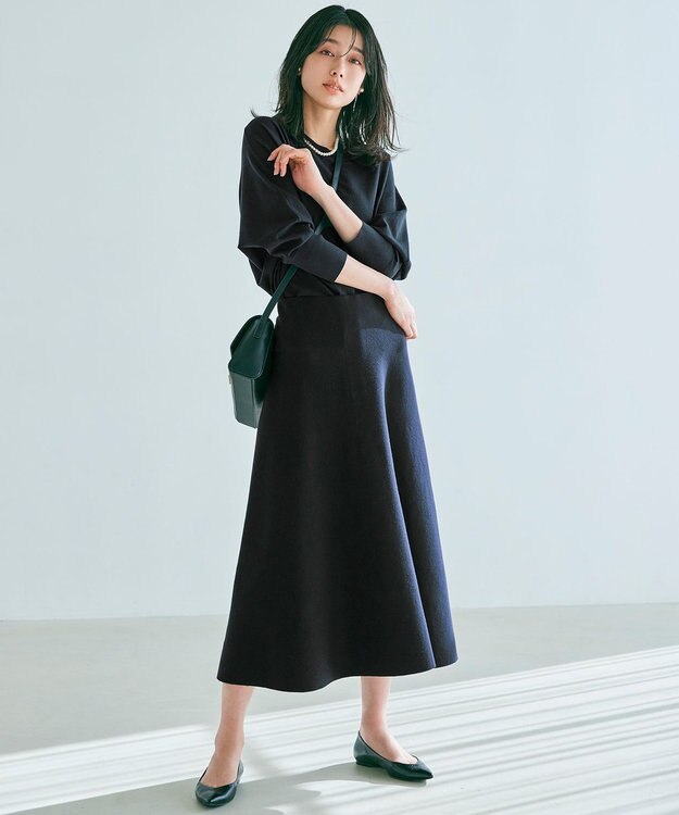 23区 【洗える】テンセルストレッチ フレア ニットスカート ネイビー系