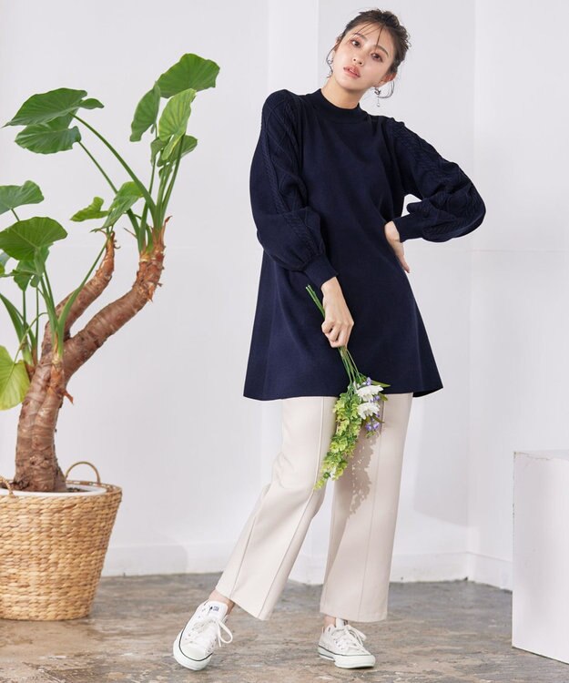Tiaclasse 【洗える】袖ケーブルニットチュニック ネイビー