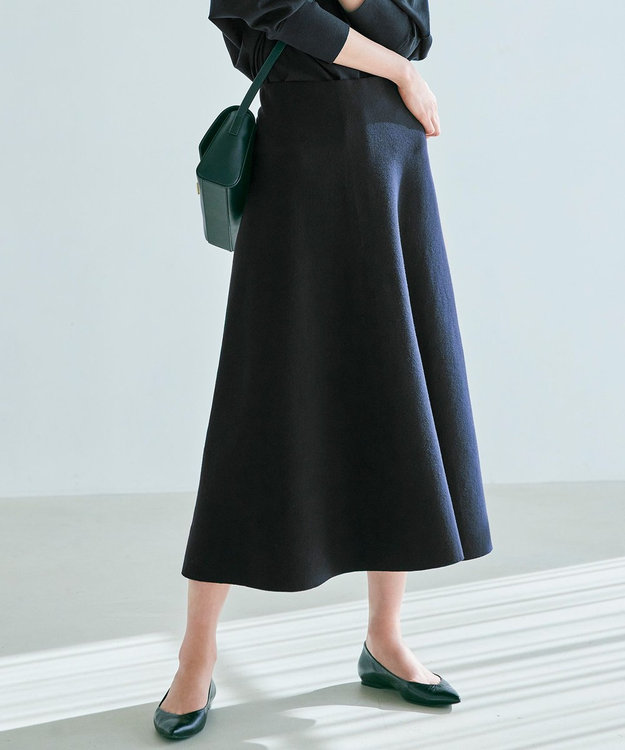 23区 【洗える】テンセルストレッチ フレア ニットスカート ネイビー系