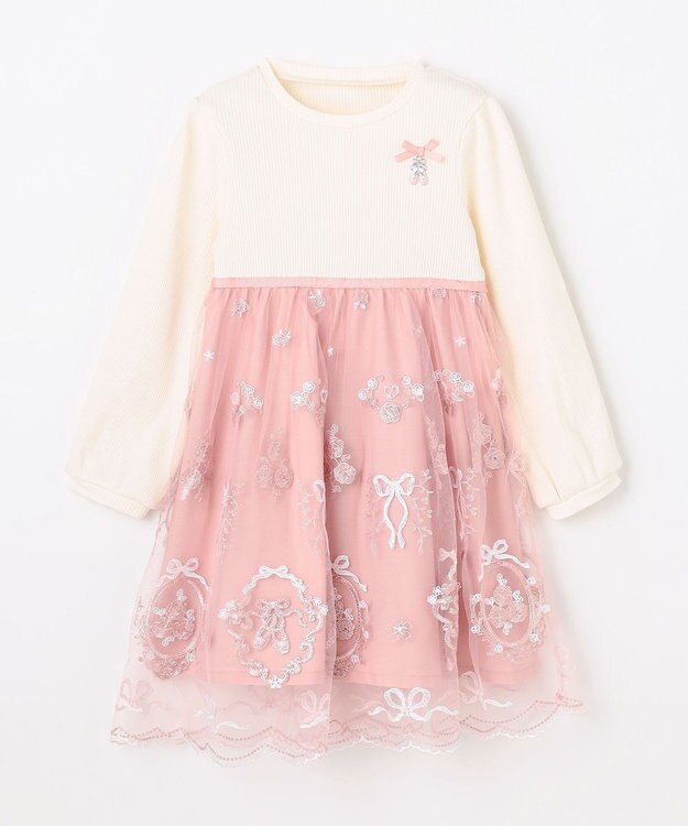 ANY KIDS バレエ刺繍チュールワンピース ホワイト×ピンク