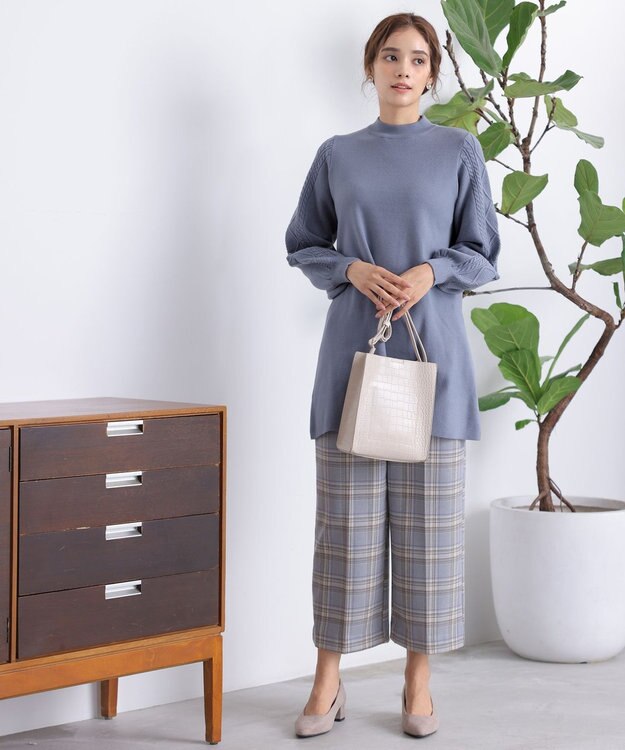 Tiaclasse 【洗える】袖ケーブルニットチュニック ブルー