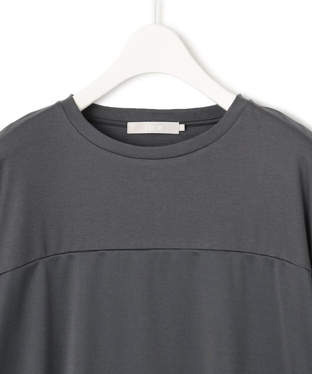 ICB L 【接触冷感・UVケア・洗える】シルケットスムースコンビ Tブラウスカットソー チャコール系