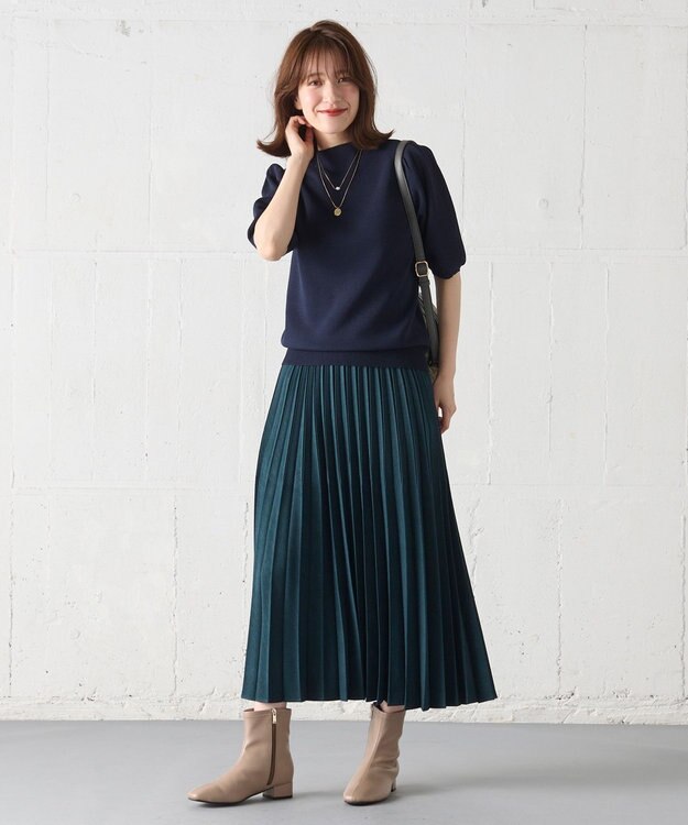 ANY 【マシンウォッシュ】モックネックパフスリーブニット ネイビー