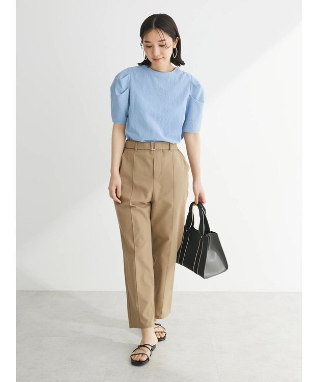 Green Parks 綿麻混バックルベルト付テーパードパンツ Dark Beige