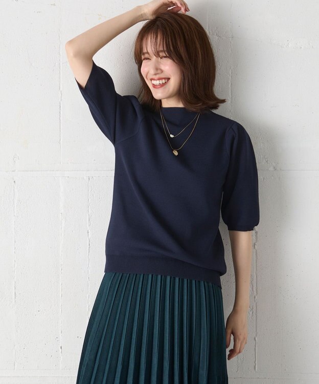 ANY 【マシンウォッシュ】モックネックパフスリーブニット ネイビー